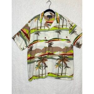 No Boundaries VINTAGE Short Sleeve Shirt Mens L Birch Palm Trees Hawaiian Rayon